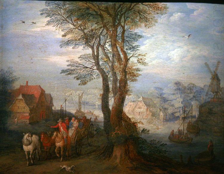 Peasants on a wagon near a river going through a village, Jan Brueghel